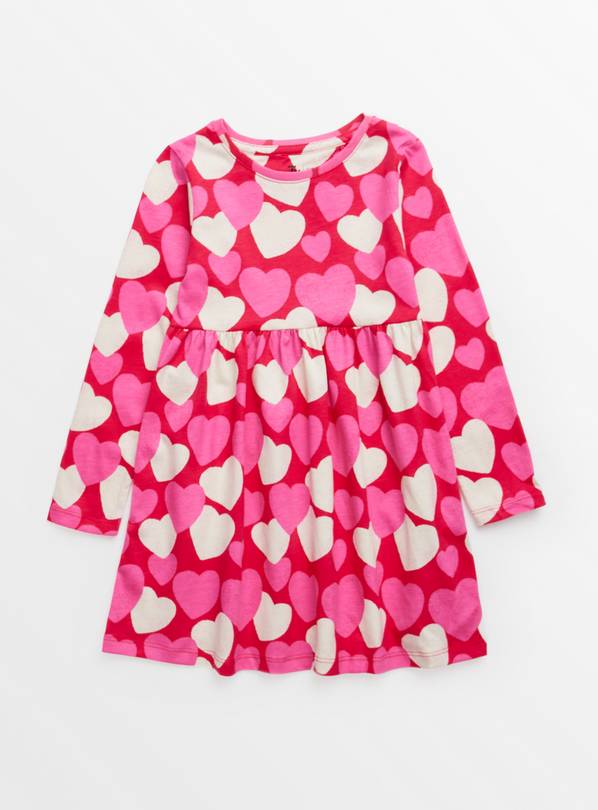 Pink Heart Print Long Sleeve Jersey Dress 1-2 years